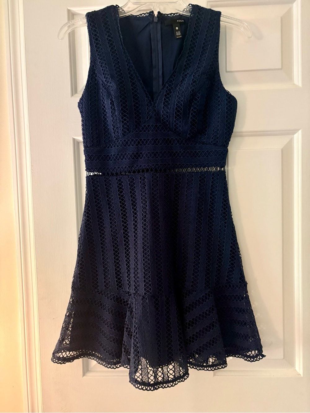 Aqua Women's Size XS Navy Blue V Neck Eyelet A Line Dress